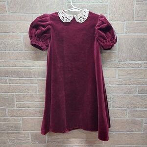 Vintage Girls 6 Burgundy Velvet Dress Lace Collar Puff Sleeve Holiday Christmas